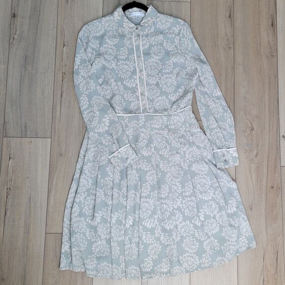 Downeast Collared Pleated Long Sleeve Button Floral Sage Green Dress Women Sz M - Picture 12 of 12